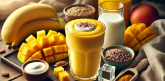 A golden-yellow Mango Power Surge Smoothie in a clear glass, surrounded by fresh mango chunks, half a banana, Greek yogurt, orange juice, flaxseeds, almond milk, turmeric powder, and ice cubes on a wooden surface with soft, natural lighting.