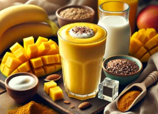 A golden-yellow Mango Power Surge Smoothie in a clear glass, surrounded by fresh mango chunks, half a banana, Greek yogurt, orange juice, flaxseeds, almond milk, turmeric powder, and ice cubes on a wooden surface with soft, natural lighting.