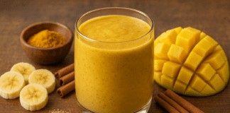 A vibrant golden smoothie in a clear glass, surrounded by diced mango, banana slices, turmeric, cinnamon sticks, and almond milk, highlighting an anti-inflammatory drink to strengthen blood vessels.