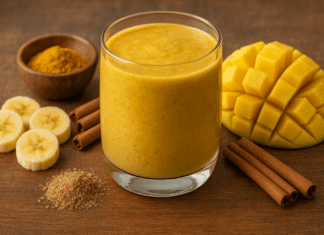 A vibrant golden smoothie in a clear glass, surrounded by diced mango, banana slices, turmeric, cinnamon sticks, and almond milk, highlighting an anti-inflammatory drink to strengthen blood vessels.