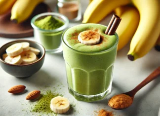A vibrant glass of creamy green matcha banana smoothie, topped with cinnamon. Surrounded by fresh bananas, matcha powder, and almond butter on a bright kitchen counter.