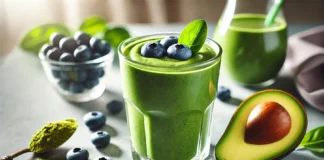 A vibrant green smoothie made with matcha green tea, avocado, and blueberries, served in a clear glass on a kitchen counter with natural lighting, highlighting its creamy texture and fresh ingredients.