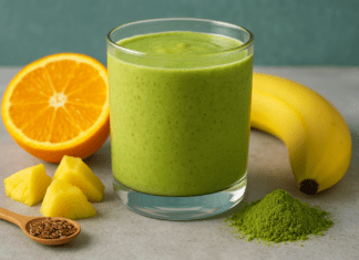 A vibrant matcha citrus smoothie in a glass, surrounded by orange halves, pineapple chunks, a banana, flaxseeds, and a mound of matcha powder on a light gray surface.