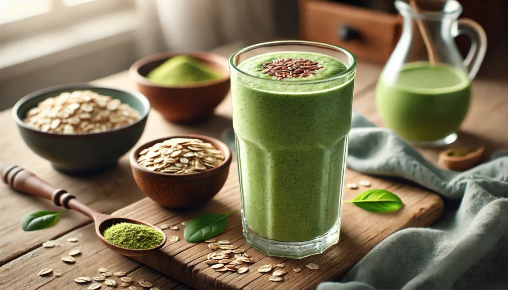 A creamy green matcha oatmeal smoothie in a tall glass, placed on a rustic wooden table with cooked oats, flaxseeds, and maple syrup nearby in a softly lit kitchen setting.