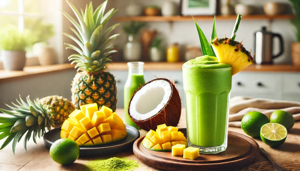 A refreshing matcha and pineapple smoothie in a tall, frosty glass with a vibrant green color, surrounded by fresh pineapple, mango, lime, and a cracked coconut on a tropical-themed wooden table.