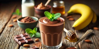 A rich chocolate smoothie with fresh peppermint and cacao, surrounded by almond butter, banana, honey, and almond milk on a rustic wooden table.