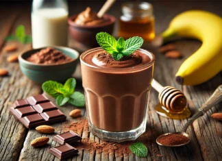 A rich chocolate smoothie with fresh peppermint and cacao, surrounded by almond butter, banana, honey, and almond milk on a rustic wooden table.