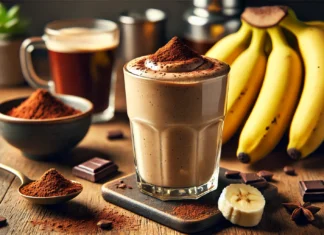 A creamy mocha banana smoothie in a tall glass with a smooth chocolatey texture, garnished with a dusting of cocoa powder. The smoothie is placed on a wooden countertop with a bunch of bananas, a cup of cold brew coffee, and a small bowl of cacao powder in the background.