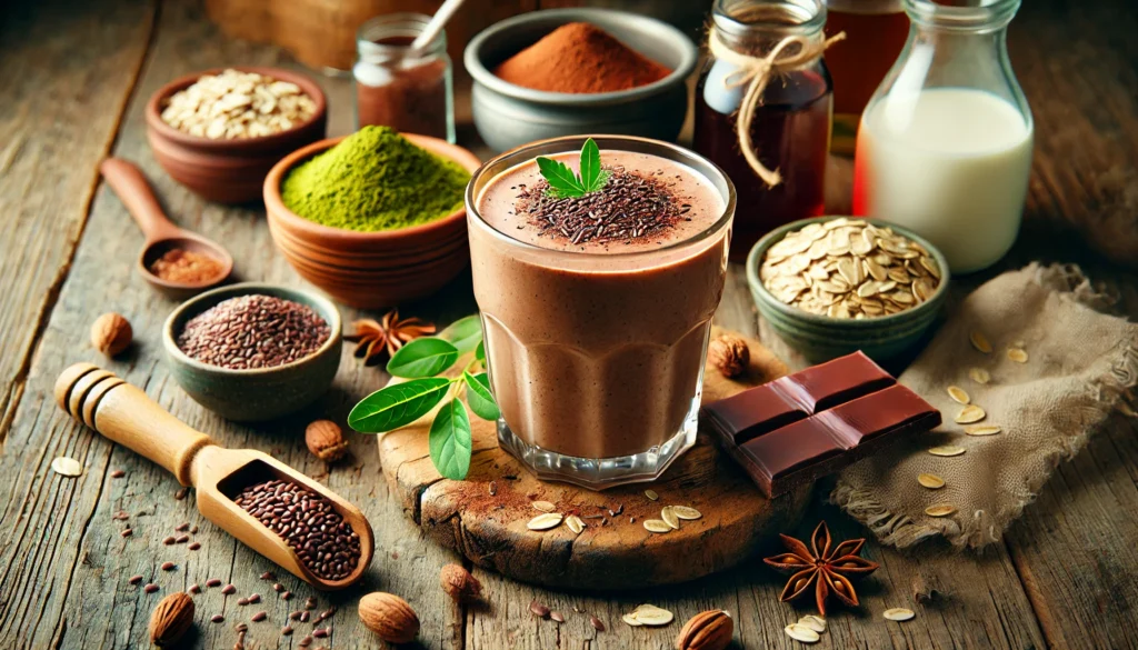 A rich and creamy chocolate smoothie in a glass with a deep brown color, garnished with cacao powder and flaxseeds, surrounded by ingredients including moringa powder, raw cacao powder, flaxseeds, oat milk, and maple syrup on a rustic wooden surface. The cozy and nourishing background enhances its muscle-repairing benefits.