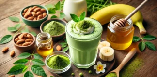 A creamy green smoothie in a glass with a vibrant, energizing hue, garnished with a sprinkle of matcha powder, surrounded by ingredients including moringa powder, matcha powder, a frozen banana, almond milk, honey, and vanilla extract on a wooden surface. The bright and refreshing background enhances its invigorating appeal.