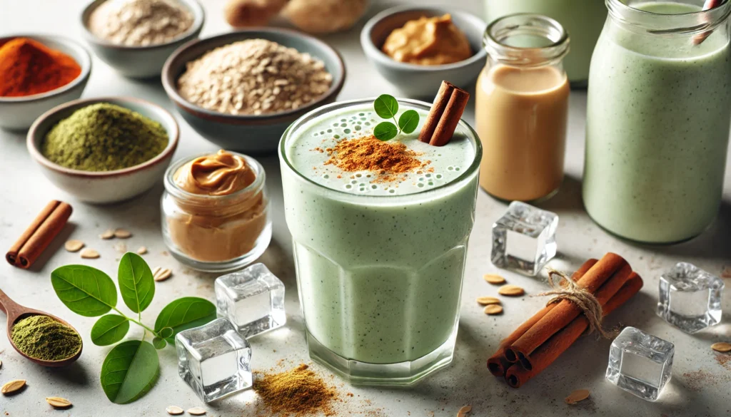 A thick and creamy smoothie in a glass with a light green hue, garnished with a sprinkle of cinnamon, surrounded by fresh ingredients including moringa powder, plant-based protein powder, oat milk, peanut butter, cinnamon, and ice cubes on a clean kitchen countertop. Natural lighting enhances its rich and nourishing appeal.