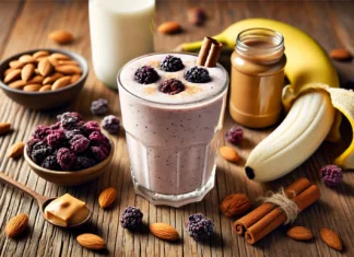 A creamy smoothie in a clear glass with a light beige-purple hue, surrounded by mulberries, almond butter, banana, cinnamon sticks, and almond milk on a softly lit wooden surface for a brain-nourishing scene.
