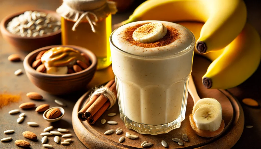 A creamy banana smoothie in a clear glass, topped with a light sprinkle of cinnamon. Surrounding the glass are fresh bananas, almond butter, sunflower seeds, and a small bottle of olive oil, emphasizing brain-boosting nutrition.