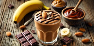 A creamy nutty chocolate smoothie in a clear glass with a rich brown hue, placed on a rustic wooden table. The smoothie is garnished with a drizzle of dark chocolate and a few almond slices. Surrounding the glass are a small bowl of almond butter, dark chocolate pieces, a banana, and a date, creating a nourishing and energizing presentation.