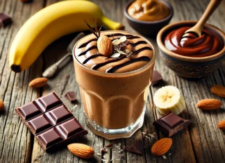 A creamy nutty chocolate smoothie in a clear glass with a rich brown hue, placed on a rustic wooden table. The smoothie is garnished with a drizzle of dark chocolate and a few almond slices. Surrounding the glass are a small bowl of almond butter, dark chocolate pieces, a banana, and a date, creating a nourishing and energizing presentation.