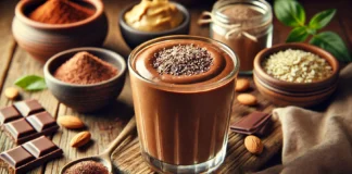 A rich and creamy chocolate smoothie garnished with cacao powder and hemp seeds, surrounded by raw cacao, almond butter, and hemp seeds on a rustic wooden table.