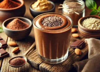 A rich and creamy chocolate smoothie garnished with cacao powder and hemp seeds, surrounded by raw cacao, almond butter, and hemp seeds on a rustic wooden table.