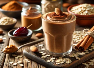 A rich, nutty chocolate oat smoothie in a clear glass, featuring a creamy brown blend with a velvety texture. The smoothie is garnished with a sprinkle of cacao powder and a whole almond. Surrounding ingredients include rolled oats, a jar of almond butter, a date, and cinnamon sticks on a rustic wooden table with soft kitchen lighting.