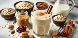 A creamy cinnamon oat smoothie in a clear glass, surrounded by rolled oats, almond butter, a date, oat milk, cinnamon sticks, and vanilla—crafted to support balanced blood sugar and sustained heart-healthy energy.