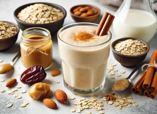 A creamy cinnamon oat smoothie in a clear glass, surrounded by rolled oats, almond butter, a date, oat milk, cinnamon sticks, and vanilla—crafted to support balanced blood sugar and sustained heart-healthy energy.