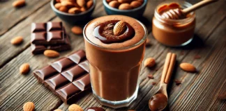 A creamy dark chocolate smoothie in a clear glass with a rich brown hue, placed on a wooden surface. The smoothie is garnished with a few almond slices and a drizzle of melted dark chocolate. Surrounding the glass are a small bowl of almond butter, dark chocolate chunks, and a cinnamon stick, creating a nourishing and energizing scene.