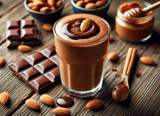A creamy dark chocolate smoothie in a clear glass with a rich brown hue, placed on a wooden surface. The smoothie is garnished with a few almond slices and a drizzle of melted dark chocolate. Surrounding the glass are a small bowl of almond butter, dark chocolate chunks, and a cinnamon stick, creating a nourishing and energizing scene.