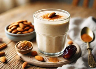 A creamy nutty flax vanilla smoothie in a clear glass, placed on a wooden surface. The smoothie has a smooth, beige texture with a drizzle of almond butter on top and a sprinkle of cinnamon. Whole almonds, a Medjool date, and a small pile of ground flaxseeds are arranged beside the glass. The background is softly blurred, hinting at a cozy kitchen setting.