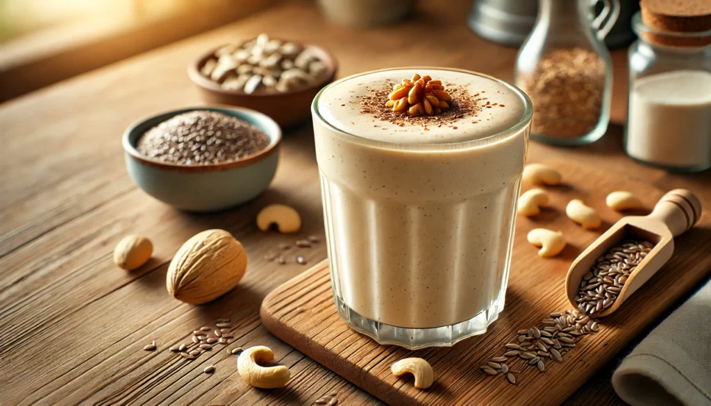 A creamy nutty vanilla smoothie in a glass, made with sunflower seed butter, cashew milk, flaxseeds, and nutmeg, garnished with a dusting of nutmeg and surrounded by sunflower seeds, ground flaxseeds, and a cashew in a warm kitchen setting.
