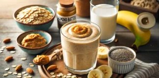 A creamy beige smoothie made with oats, almond butter, and a perfectly ripe banana, surrounded by chia seeds, rolled oats, almond milk, and cinnamon on a cozy kitchen counter.