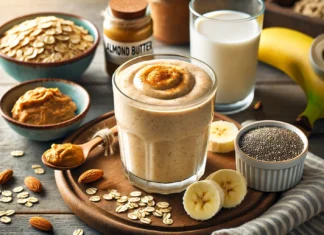 A creamy beige smoothie made with oats, almond butter, and a perfectly ripe banana, surrounded by chia seeds, rolled oats, almond milk, and cinnamon on a cozy kitchen counter.