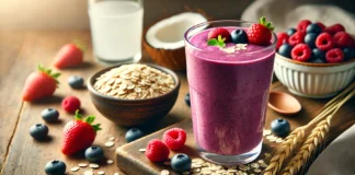 A vibrant oat and berry smoothie in a tall glass, showcasing a rich purple color. The smoothie is garnished with a few fresh berries on top and placed on a wooden surface with a small bowl of rolled oats, mixed berries (blueberries, raspberries, and strawberries), and a glass of coconut water in the background.