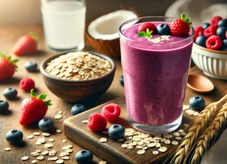 A vibrant oat and berry smoothie in a tall glass, showcasing a rich purple color. The smoothie is garnished with a few fresh berries on top and placed on a wooden surface with a small bowl of rolled oats, mixed berries (blueberries, raspberries, and strawberries), and a glass of coconut water in the background.