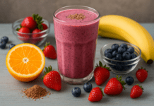 A vibrant purple smoothie in a clear glass surrounded by fresh strawberries, blueberries, a halved orange, banana, and flaxseed on a rustic blue table, showcasing a heart-healthy blend designed to support endothelial function.