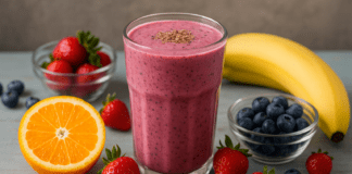 A vibrant purple smoothie in a clear glass surrounded by fresh strawberries, blueberries, a halved orange, banana, and flaxseed on a rustic blue table, showcasing a heart-healthy blend designed to support endothelial function.