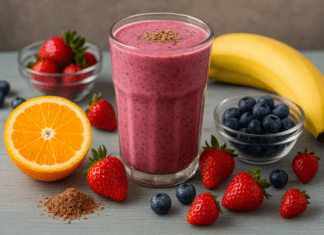 A vibrant purple smoothie in a clear glass surrounded by fresh strawberries, blueberries, a halved orange, banana, and flaxseed on a rustic blue table, showcasing a heart-healthy blend designed to support endothelial function.