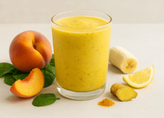A vibrant golden peach smoothie in a clear glass, surrounded by ripe peach slices, spinach, banana, ginger root, turmeric, and lemon on a clean, calming background, showcasing heart-healthy and energizing ingredients.