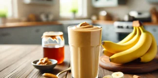 A rich and creamy peanut butter banana smoothie in a tall glass with a smooth, golden-brown texture, surrounded by fresh bananas, a spoonful of peanut butter, and honey on a wooden table in a bright kitchen.