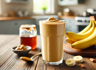 A rich and creamy peanut butter banana smoothie in a tall glass with a smooth, golden-brown texture, surrounded by fresh bananas, a spoonful of peanut butter, and honey on a wooden table in a bright kitchen.