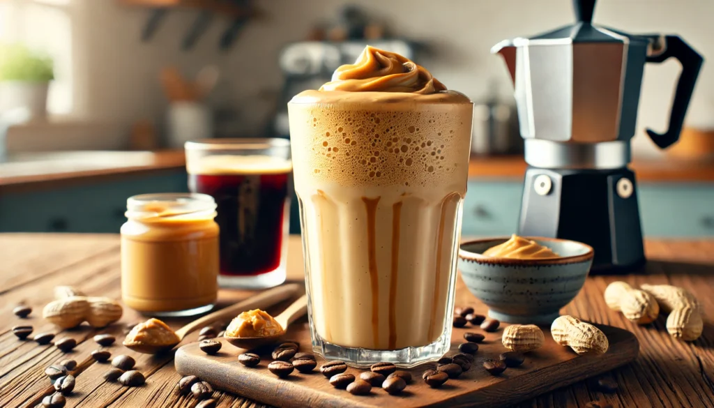 A creamy peanut butter and coffee smoothie in a tall glass with a rich, frothy texture and deep coffee-brown color, surrounded by coffee beans, peanut butter, and cold brew coffee on a wooden table in a bright kitchen.
