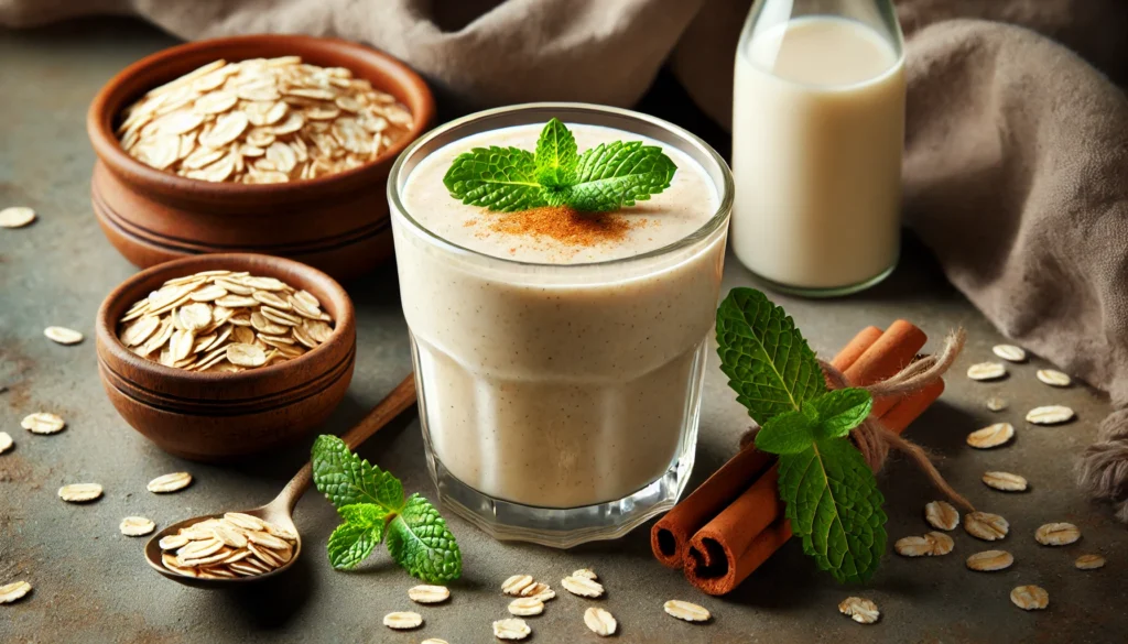 A thick, creamy smoothie in a clear glass, blending peppermint and oats for a soothing bedtime drink. The smoothie has a soft beige color with a hint of green and is topped with cinnamon, placed alongside fresh peppermint leaves, a wooden bowl of oats, a cinnamon stick, and a bottle of oat milk in a warm and relaxing setting.