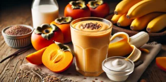 A creamy orange smoothie in a clear glass, made with ripe persimmon, banana, Greek yogurt, almond milk, flaxseeds, and vanilla extract, set on a rustic wooden surface with fresh ingredients nearby.