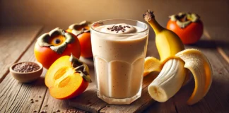 A creamy post-workout smoothie in a glass, featuring a vibrant orange blend of persimmon, banana, and Greek yogurt. The smoothie is placed on a rustic wooden surface with fresh persimmons, a peeled banana, and flaxseeds beside it, creating a nourishing and replenishing recovery atmosphere.