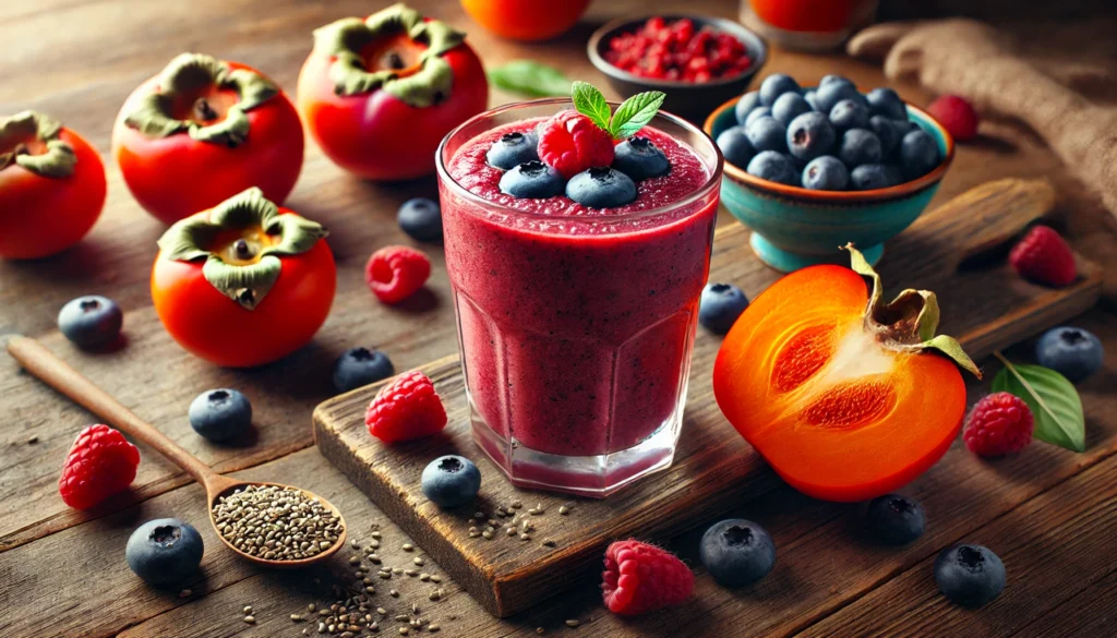 A vibrant berry-infused smoothie in a glass, featuring a deep red-orange blend of persimmon, blueberries, and raspberries. The smoothie is placed on a wooden surface with fresh persimmons, a handful of berries, and a small dish of hemp seeds beside it, highlighting the smoothie’s antioxidant and muscle-recovery benefits.
