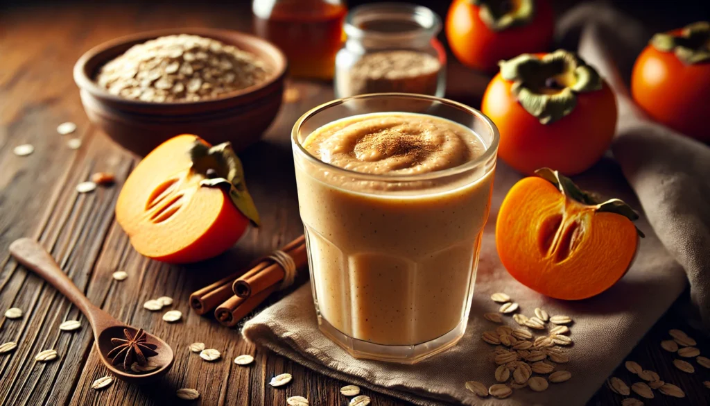 A thick and creamy persimmon oatmeal smoothie with a warm golden hue, placed on a wooden surface alongside fresh persimmons, a small bowl of oats, cinnamon sticks, and maple syrup, creating a soothing and cozy ambiance.