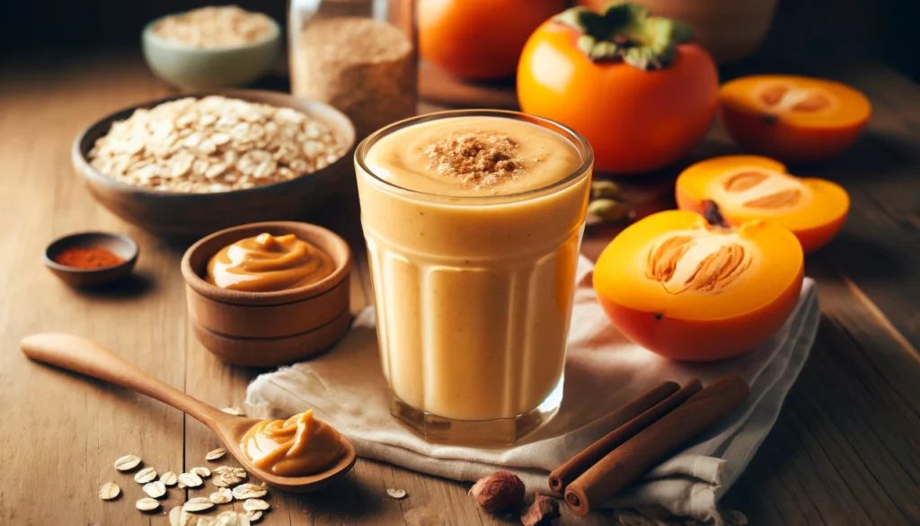 A creamy oatmeal smoothie in a clear glass, made with ripe persimmon, cooked oats, cinnamon, nutmeg, oat milk, and peanut butter, set on a rustic wooden surface with fresh ingredients nearby.