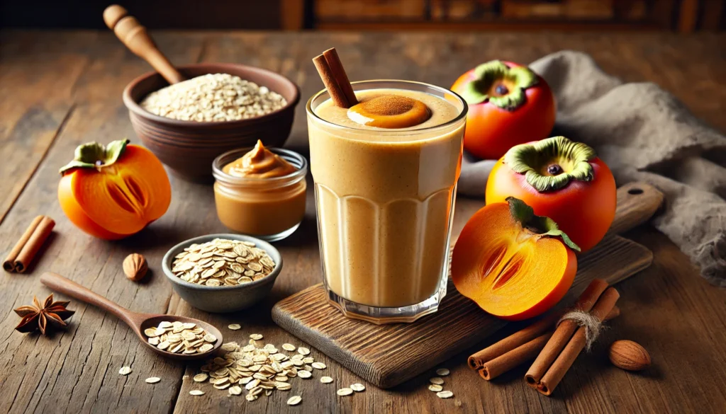 A hearty, post-workout smoothie in a glass, featuring a smooth, warm-toned blend of persimmon, oatmeal, and peanut butter. The smoothie is placed on a wooden countertop with fresh persimmons, a small bowl of oats, cinnamon sticks, and a spoonful of peanut butter beside it, creating a cozy and nourishing ambiance perfect for muscle recovery.