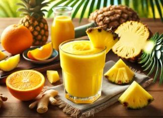 A vibrant yellow-orange citrus-infused pineapple smoothie garnished with orange and pineapple chunks, surrounded by fresh pineapple, orange slices, and ginger on a wooden table with a bright tropical background.