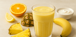 A tall glass of yellow pineapple smoothie surrounded by banana, orange, lemon, and pineapple slices, with Greek yogurt in the background on a soft neutral surface.