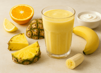 A tall glass of yellow pineapple smoothie surrounded by banana, orange, lemon, and pineapple slices, with Greek yogurt in the background on a soft neutral surface.