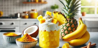 A vibrant yellow smoothie made with pineapple chunks, banana, Greek yogurt, and coconut water, placed on a wooden surface with fresh pineapple slices and a small dish of turmeric in a bright, modern kitchen.